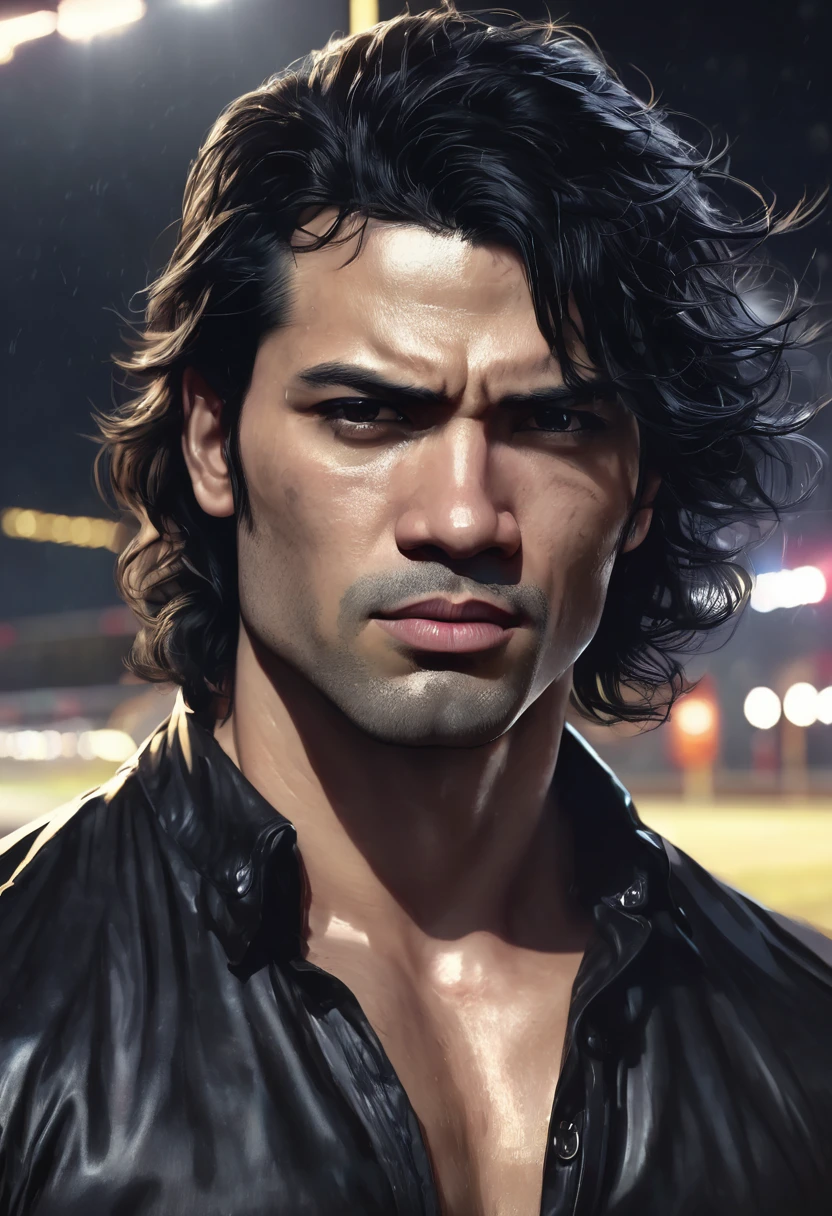 1 man, inside a clandestine race track, wearing a black shirt, detailed facial features, beautiful black and masculine, detailed light skin, medium-sized black hair wavy and messy, strong expression, dramatic lighting, cinematic composition, cold color palette and dark colors , atmospheric fog, strong chin, manly man, night, (best quality, 4K, 8K, high resolution, art: 1.2), ultra-detailed, (realistic, photorealistic, photorealistic: 1.37)