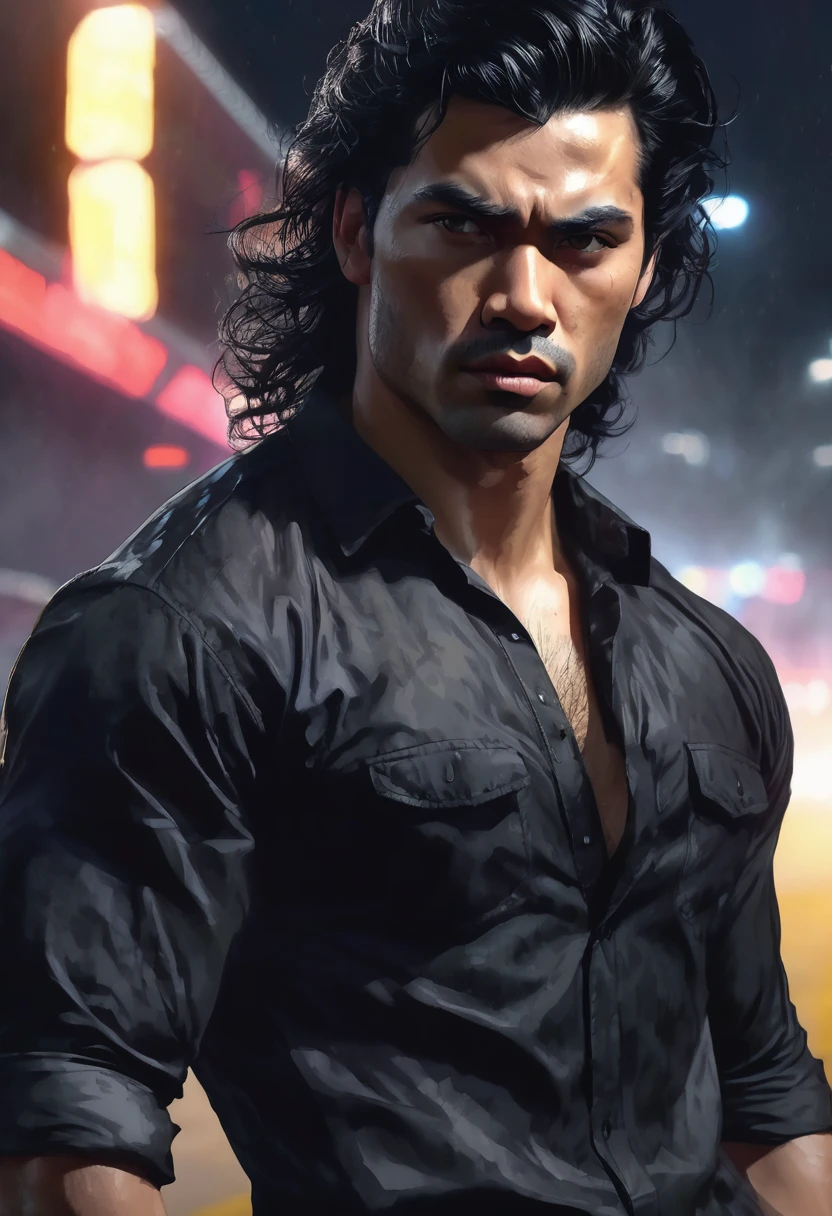 1 man, inside a clandestine race track, wearing a black shirt, detailed facial features, beautiful black and masculine, detailed light skin, medium-sized black hair wavy and messy, strong expression, dramatic lighting, cinematic composition, cold color palette and dark colors , atmospheric fog, strong chin, manly man, night, (best quality, 4K, 8K, high resolution, art: 1.2), ultra-detailed, (realistic, photorealistic, photorealistic: 1.37)