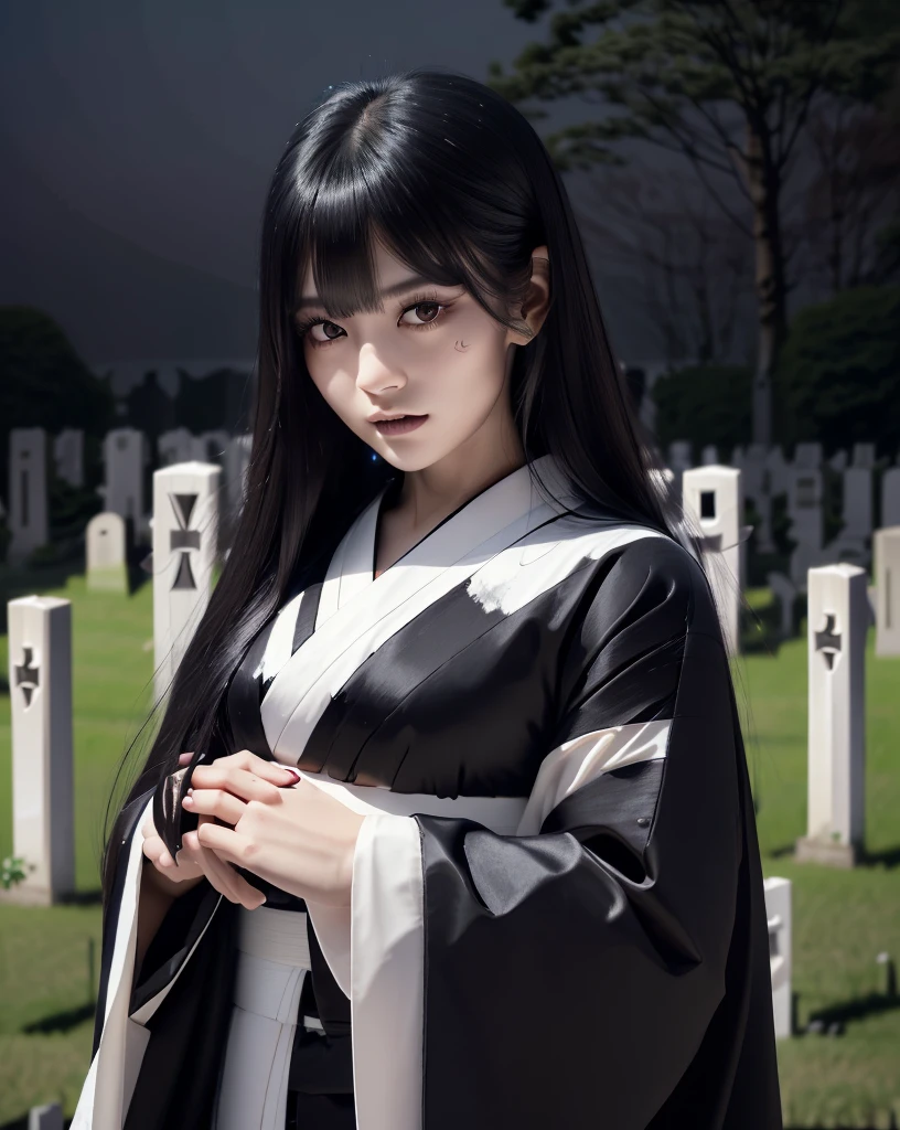 (Highest quality, 32k, High resolution, Masterpiece:1.5), marimo_jet, Ghosts wandering the cemetery at night, Evoking a sense of calm and elusive beauty, Expressing emotions, Have a rich imagination, Beautiful Japanese Girls, An exceptionally beautiful face, Small Face Beauty, , Perfect Human Anatomy, Magical big eyes, Motherhood and generosity, Deep Love, Fleeting Expression, Shiny black hair, Neat, super long, straight silk hair, Asymmetrical bangs, Hair between the eyes, Transparent, soft white skin, Sharp eyebrows, Thin lashes, Natural Makeup, ((Simple white kimono:1.3)), ((Japanese Cemetery:1.5)), ((Simple gravestone)), ((Midnight Darkness:1.7)), ((Pitch black night sky:1.2)), Professional photographer, Professional Lighting, Professional models