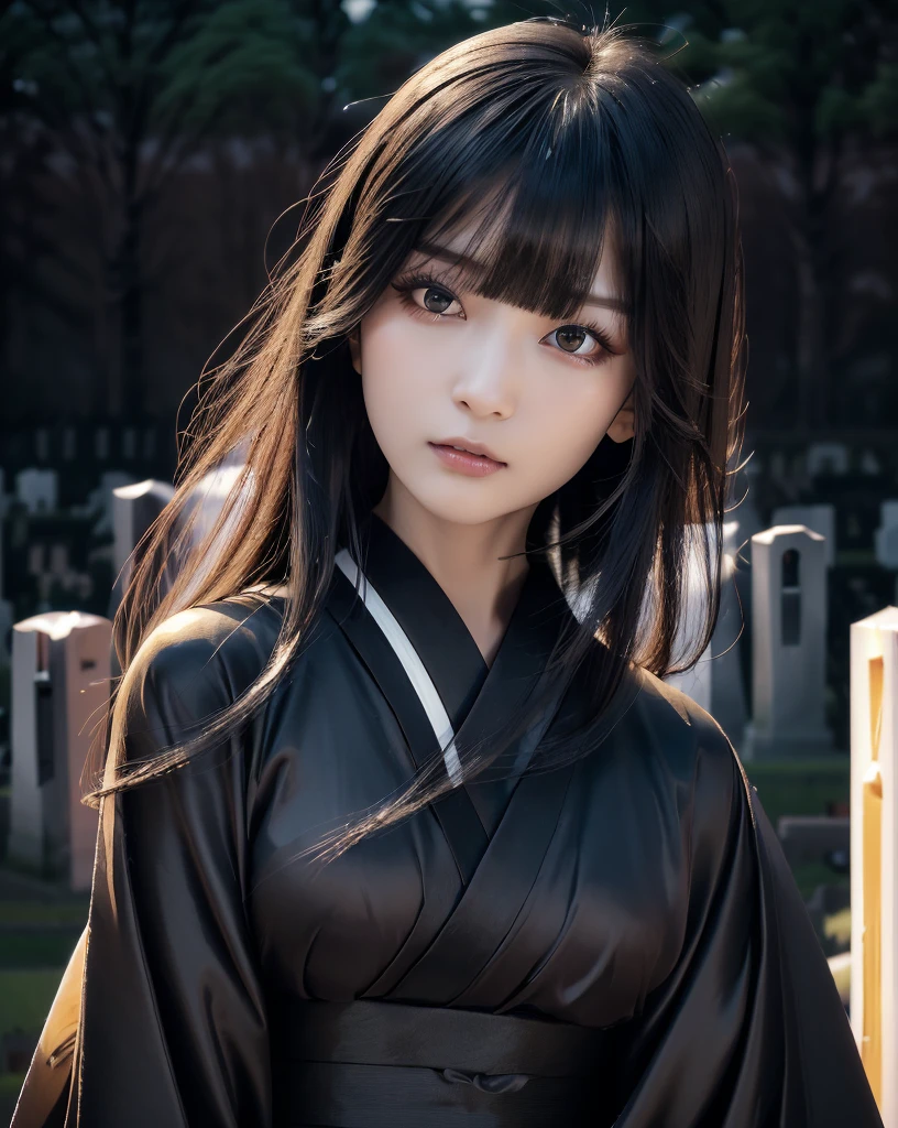 (Highest quality, 32k, High resolution, Masterpiece:1.5), marimo_jet, Ghosts wandering the cemetery at night, Evoking a sense of calm and elusive beauty, Expressing emotions, Have a rich imagination, Beautiful Japanese Girls, An exceptionally beautiful face, Small Face Beauty, , Perfect Human Anatomy, Magical big eyes, Motherhood and generosity, Deep Love, Fleeting Expression, Shiny black hair, Neat, super long, straight silk hair, Asymmetrical bangs, Hair between the eyes, Transparent, soft white skin, Sharp eyebrows, Thin lashes, Natural Makeup, ((Simple white kimono:1.3)), ((Japanese Cemetery:1.5)), ((Simple gravestone)), ((Midnight Darkness:1.7)), ((Pitch black night sky:1.2)), Professional photographer, Professional Lighting, Professional models