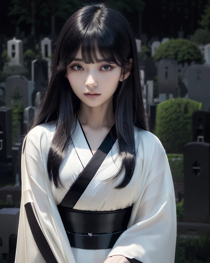 (Highest quality, 32k, High resolution, Masterpiece:1.5), marimo_jet, Ghosts wandering the cemetery at night, Evoking a sense of calm and elusive beauty, Expressing emotions, Have a rich imagination, Beautiful Japanese Girls, An exceptionally beautiful face, Small Face Beauty, , Perfect Human Anatomy, Magical big eyes, Motherhood and generosity, Deep Love, Fleeting Expression, Shiny black hair, Neat, super long, straight silk hair, Asymmetrical bangs, Hair between the eyes, Transparent, soft white skin, Sharp eyebrows, Thin lashes, Natural Makeup, ((Simple white kimono:1.3)), ((Japanese Cemetery:1.5)), ((Simple gravestone)), ((Midnight Darkness:1.7)), ((Pitch black night sky:1.2)), Professional photographer, Professional Lighting, Professional models