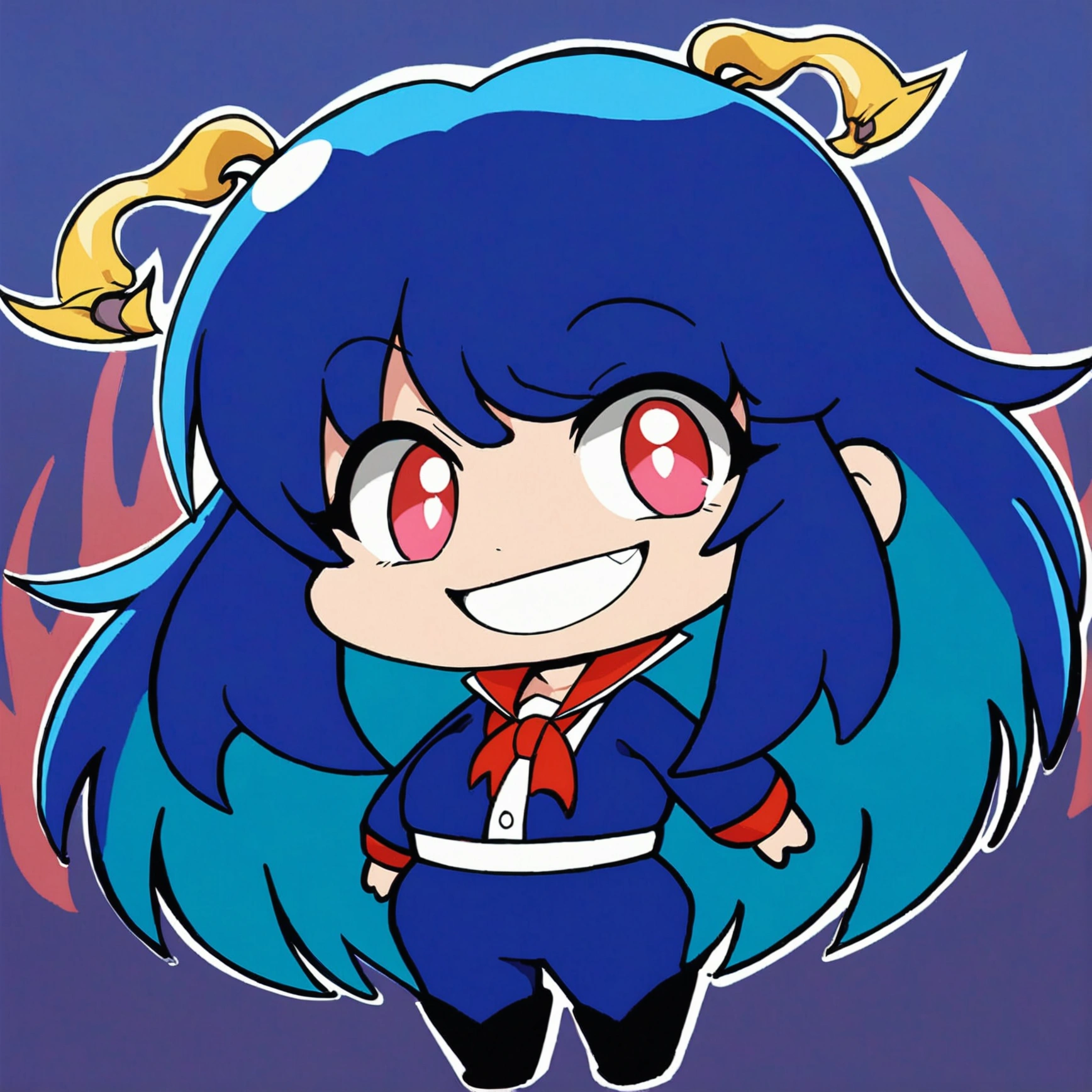 Close-up of a cartoon character with blue hair and blue outfit, anime moe artstyle, 2D anime style, [[[[grinning evilly]]]], , cel - shaded art style, I&#39;ll do fanart too, nasty grin, hero 2d fanart art, chibi, vampire