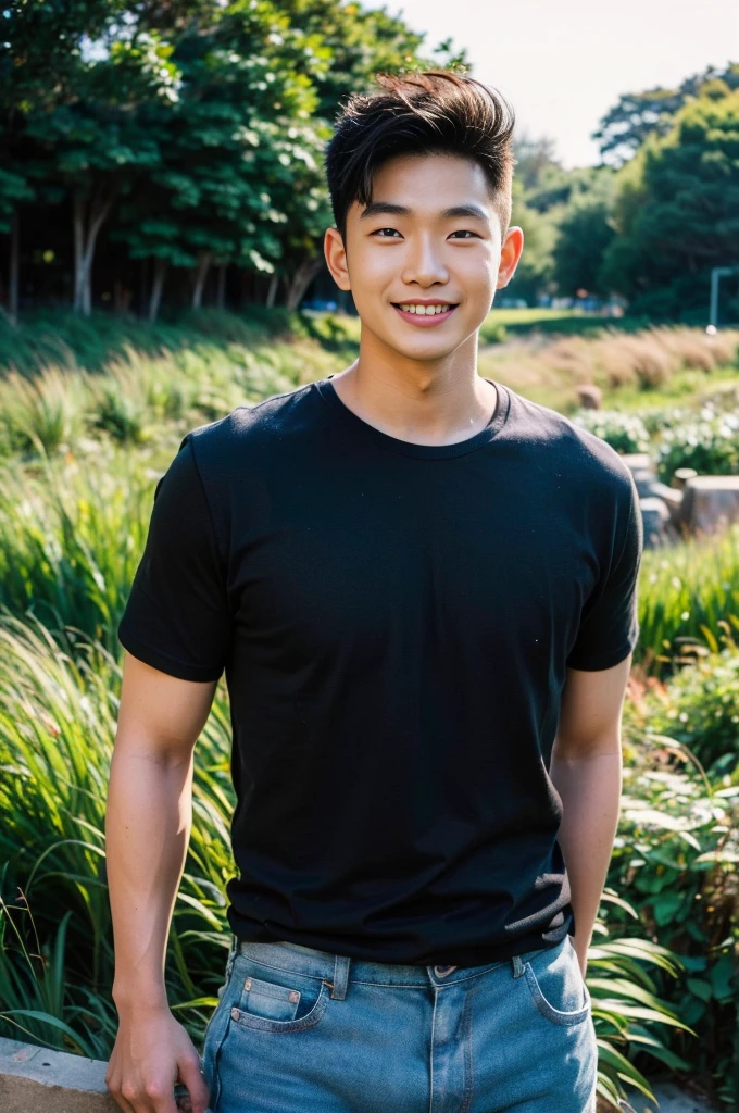 Young Korean man in a white t-shirt and jeans, A handsome, muscular young Asian man looks at the camera in(Plain black t-shirt:1.3)and red , Fieldside, grass, beach, sunlight, Carrying a camera, smiling