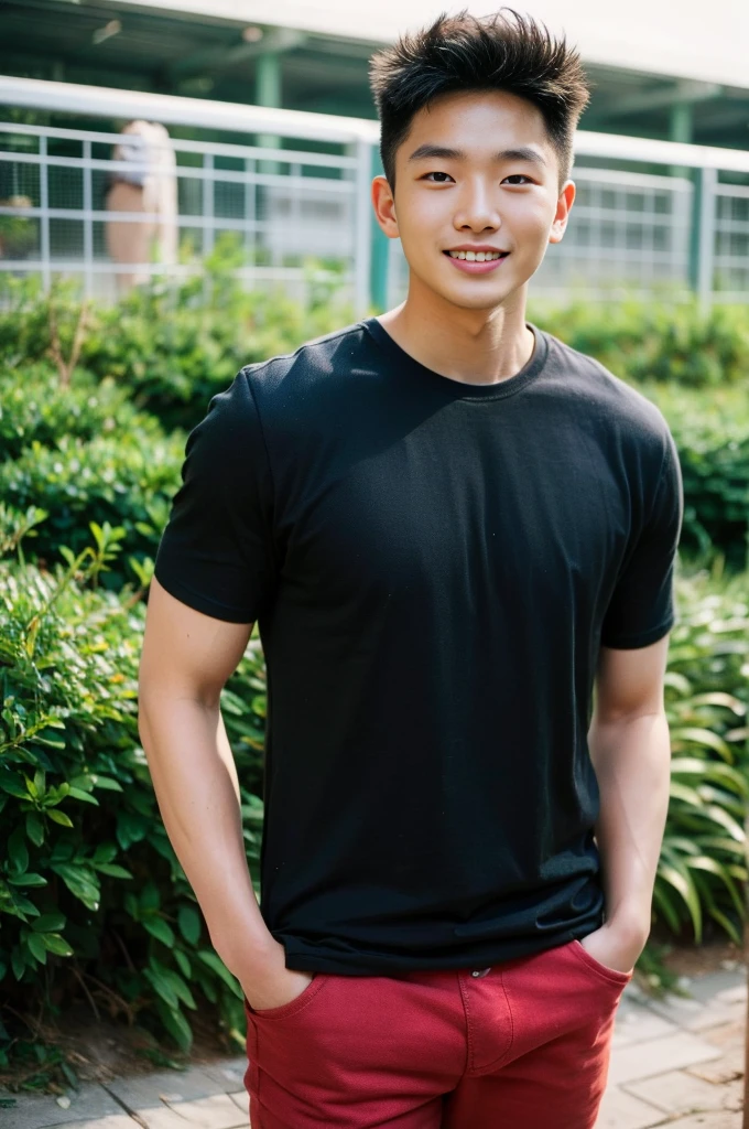 Young Korean man in a white t-shirt and jeans, A handsome, muscular young Asian man looks at the camera in(Plain black t-shirt:1.3)and red , Fieldside, grass, beach, sunlight, Carrying a camera, smiling