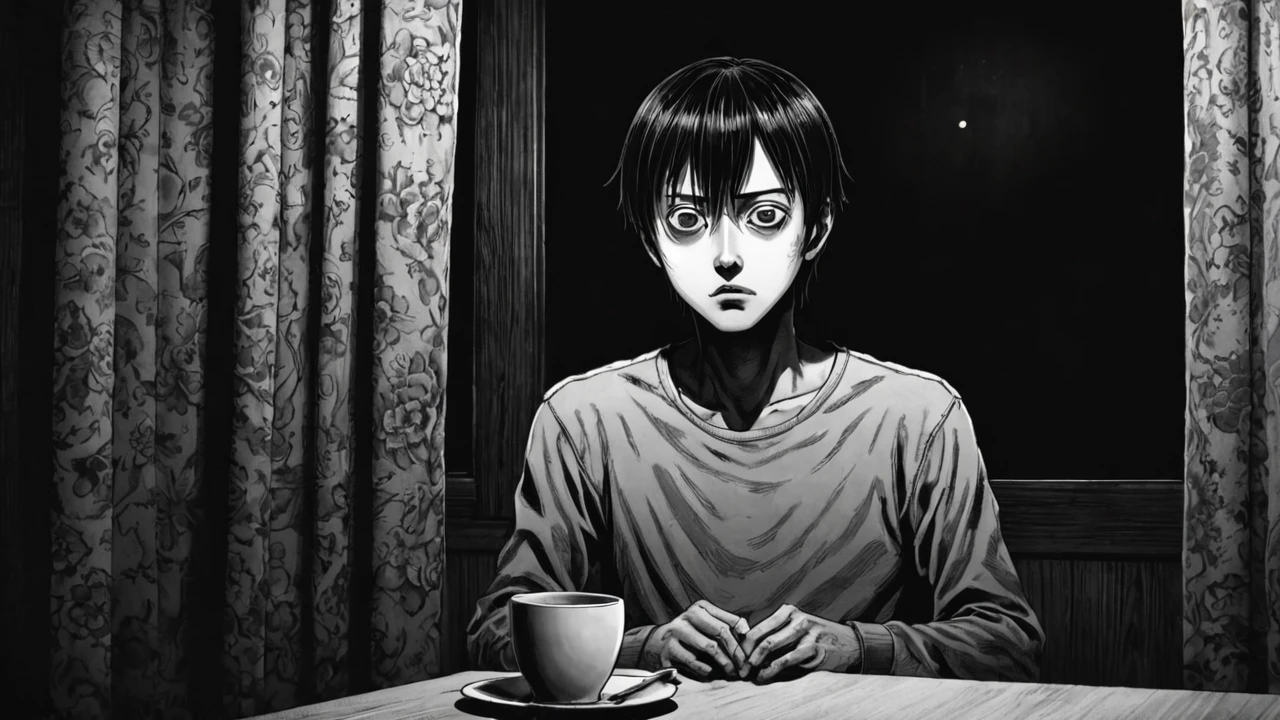 A dark and poorly lit room, A man is sitting at the table, with your back to the window. The dim light reveals a shadowy figure discreetly peering through the half-open curtains.. Your eyes glow faintly in the darkness, creating an atmosphere of suspense and intrigue, (アニメ), Bizarre scenario, This is Junji, Yusuke Murata, black andwhite, 8K, アニメ, horor, disturbing, nasty, grimdark, rotten, by Junji Ito