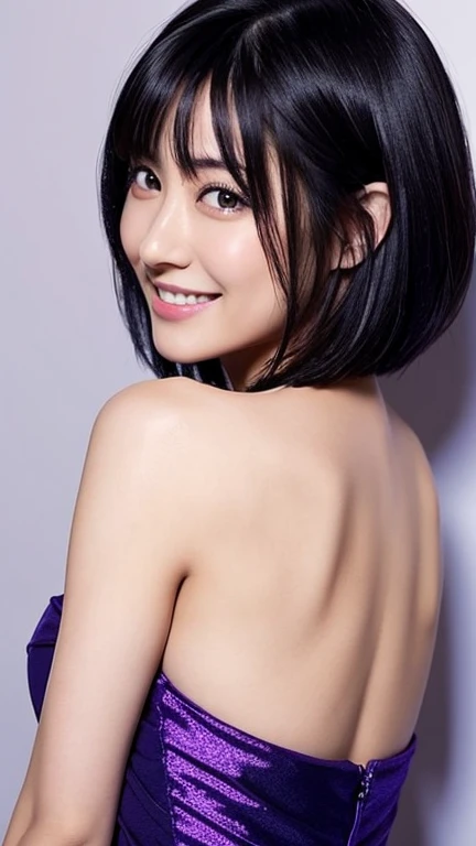 Highest quality、Japanese women、The most beautiful woman in the world、sexy、Blue-black hair color、Short Hair Style、Small face、Beautiful skin、night、Large breasts、Realistic、smile、Purple Dress、look back