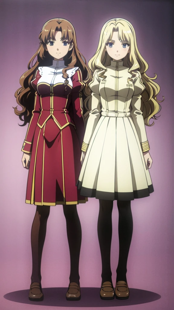 masterpiece, high quality, Multiple girls, organization, Same sisters, Blonde Hair, curls, (brown haired sisters, Blonde sisters, many sisters, Match hairstyle, different hair colors), Hazel eyes, Medium bust, ((Matching Clothing, Uniforms)), pencil long skirt Smile, flat_color, Same height, organization pose, Back to back, full body