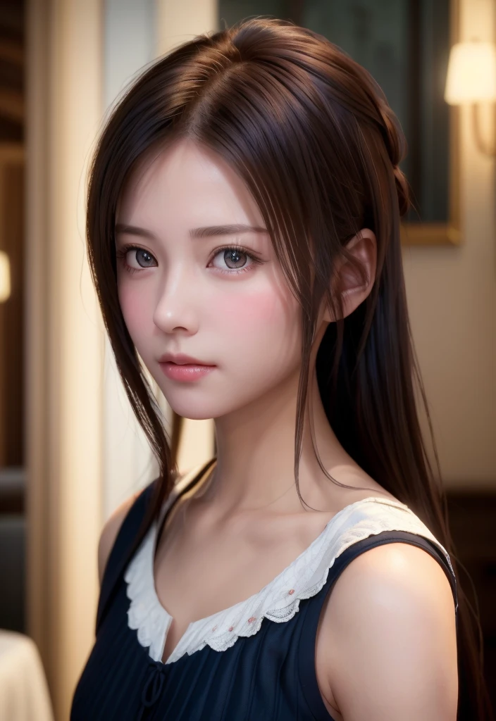 8K, of the highest quality, masutepiece:1.2), (Realistic, Photorealsitic:1.37), of the highest quality, masutepiece, Beautiful young woman, Pensive expression,、A charming、and an inviting look, Cute Maid Clothes, Hair tied back, Cinematic background, Light skin tone
