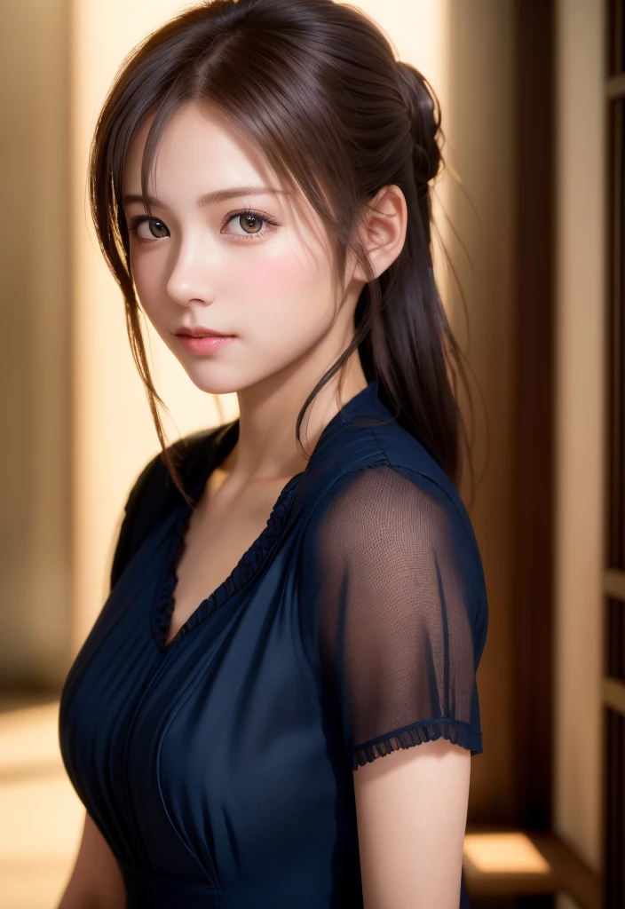 8K, of the highest quality, masutepiece:1.2), (Realistic, Photorealsitic:1.37), of the highest quality, masutepiece, Beautiful young woman, Pensive expression,、A charming、and an inviting look, Cute Maid Clothes, Hair tied back, Cinematic background, Light skin tone
