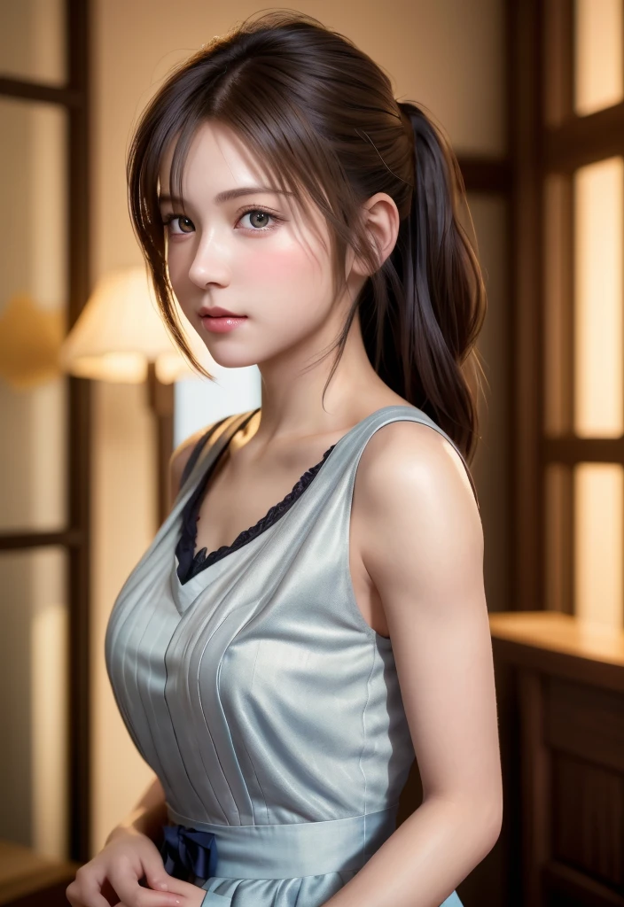 8K, of the highest quality, masutepiece:1.2), (Realistic, Photorealsitic:1.37), of the highest quality, masutepiece, Beautiful young woman, Pensive expression,、A charming、and an inviting look, Cute Maid Clothes, Hair tied back, Cinematic background, Light skin tone