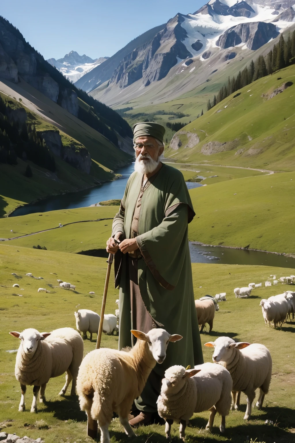 An old, wise, and patient beduin shepherd and his sheep in valley green