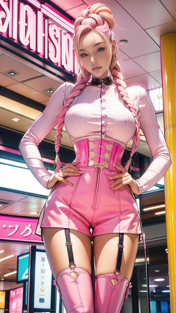 Attractive 27 year old woman, blonde Hair, long hair, braids, Pink inner color((colored inner hair)), Wear a cropped corset, Wear stylish tiny shorts, Wearing thigh high boots, Place your hands on your hips, smile, Sexy proportions, At the shopping mall