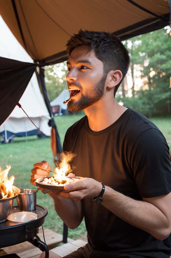 Man eating roasted marshmallows at camp