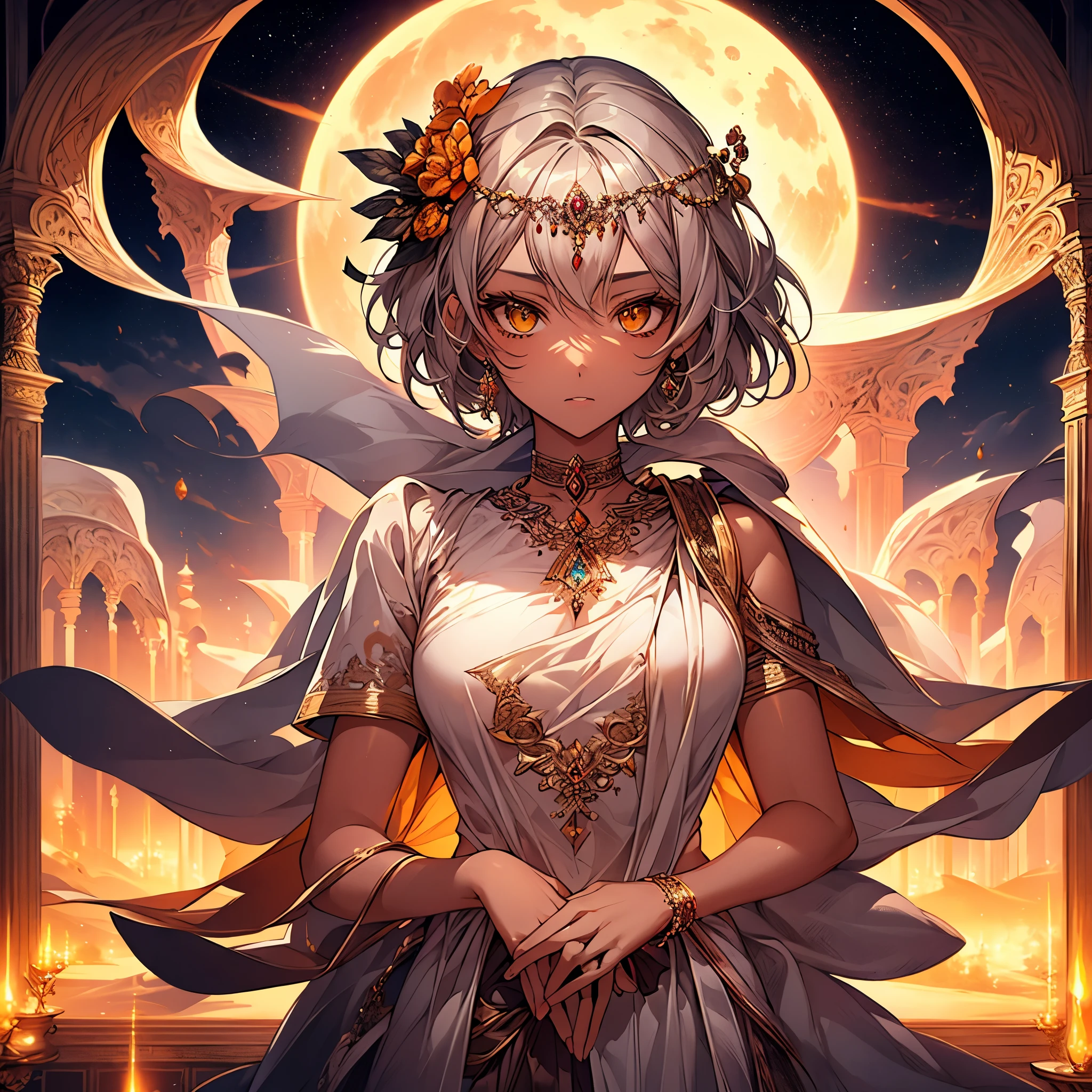 masterpiece, Highest quality, Perfect Face, Highest Resolution, Highest quality,Detailed depiction of the eyes, 1 girl, young, deep tan skin, slate gray hair, short hair, upturned eyes, Yellow Orange eyes, Perfect Anatomy, Arabian, ribbon choker,arabian town, night, moon sky