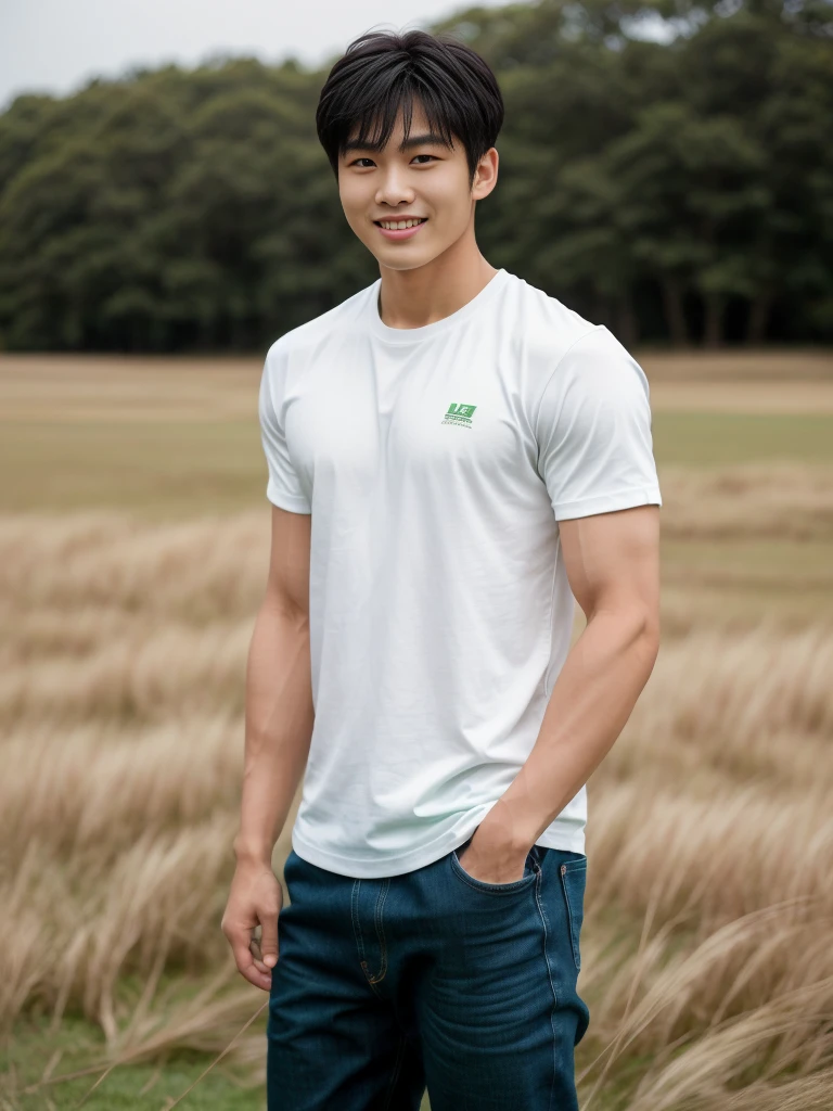 独奏: 1.5, (As a matter of fact, Masterpiece, 8k HD, good light quality, sportswear, fit the face, complicated details), A handsome Korean young man with muscular arms. , 20 years old, be happy, smile brightly, detailed face, delicate eyes, look at the sky, Wear a tight green t-shirt.:1.6 ,Wear a denim coat., jeans period, black eyes, Black hair color, ผมsmooth, smooth，Surreal，Awesome details，Highest quality，real，Open your mouth to talk. , Close your eyes., (standing in the grass:1.5)