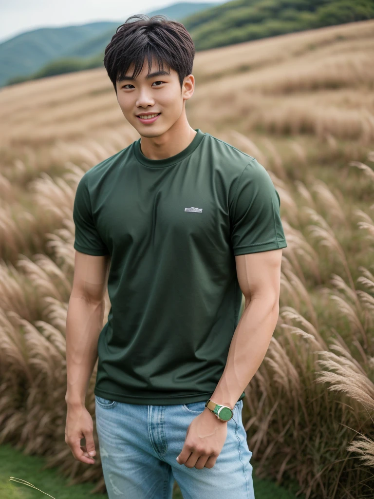 独奏: 1.5, (As a matter of fact, Masterpiece, 8k HD, good light quality, sportswear, fit the face, complicated details), A handsome Korean young man with muscular arms. , 20 years old, be happy, smile brightly, detailed face, delicate eyes, look at the sky, Wear a tight green t-shirt.:1.6 ,Wear a denim coat., jeans period, black eyes, Black hair color, ผมsmooth, smooth，Surreal，Awesome details，Highest quality，real，Open your mouth to talk. , Close your eyes., (standing in the grass:1.5)