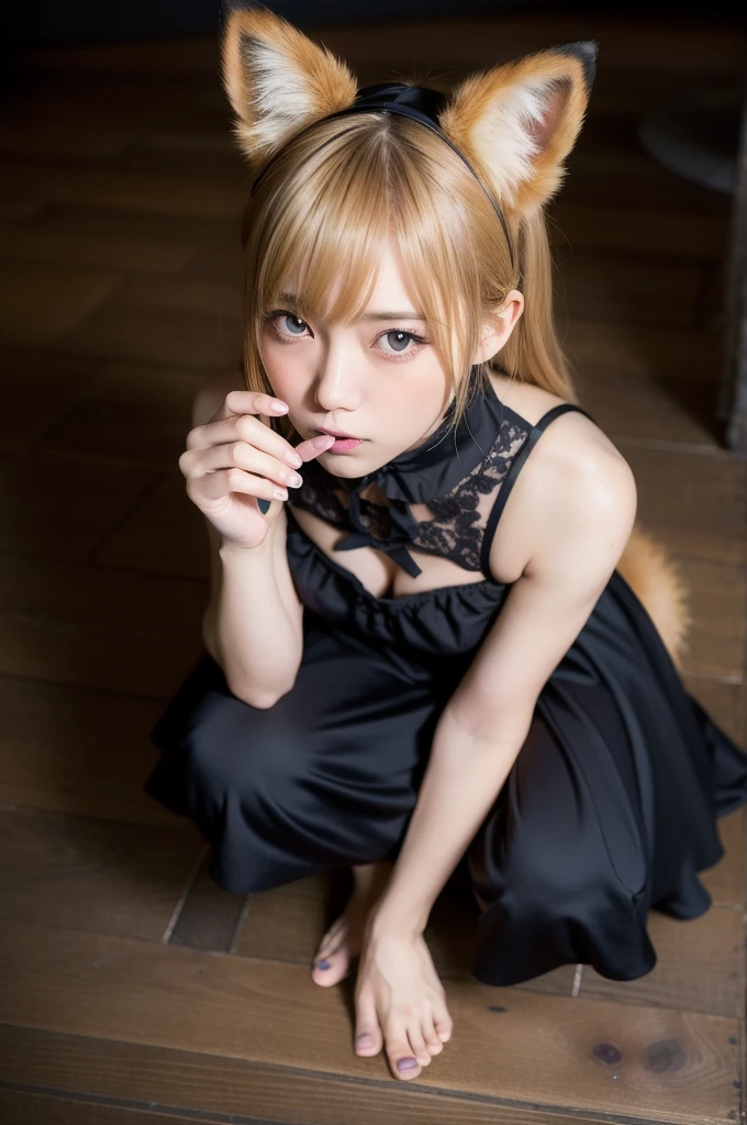 (Highest quality:1.2),32k HDR,High resolution,(20-year-old woman),(Ultra Wide Angle),(View from above:1.2),((Glaring at the camera)),(Japanese women),(Blonde),Flat bangs,Dark Room,Medium chest,Squat with your feet apart,Show off your crotch,両腕をhandcuffsで繋がれている,((handcuffs)),Detailed face,High quality eyes,Keep your eyes focused,Nose and mouth,Face Focus,Super Face close-up gentle and charming Chinese beautiful woman, 繊細でセクシーなLock骨,Small Nose, Focus on the face, Face close-up, 薄Dark Room,ruins,Embarrassed, moist eyes,Sad expression,Looking into the camera,Very beautiful eyes,Flat Chest,Tragic,A fleeting expression,,((Gothic Lolita)),((Constraints)),((Lock)),((Plate at your feet,Dog food dish)),((Staring straight ahead)),((Fox ears on head)),((Fox's Tail)),((short hair,Shaggy,Bob,long)),(Red Hair,Brown Hair,Black Hair,Silver),(uniform),((Dark eyeliner)),((Slanted Eyes)),((Big eyes)),((Hands)),((Women who are kept)),((Pets)),((In the cage)),((Jail)),((White teeth)),((Blushing cheeks)),((ruins)),((handcuffs)),