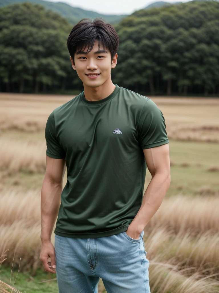 独奏: 1.5, (As a matter of fact, Masterpiece, 8k HD, good light quality, sportswear, fit the face, complicated details), A handsome Korean young man with muscular arms. , 20 years old, be happy, smile brightly, detailed face, delicate eyes, look at the sky, Wear a tight green t-shirt.:1.6 ,Wear a denim coat., jeans period, black eyes, Black hair color, ผมsmooth, smooth,Surreal,Awesome details,Highest quality,real,Open your mouth to talk. , Close your eyes., (standing in the grass:1.5)