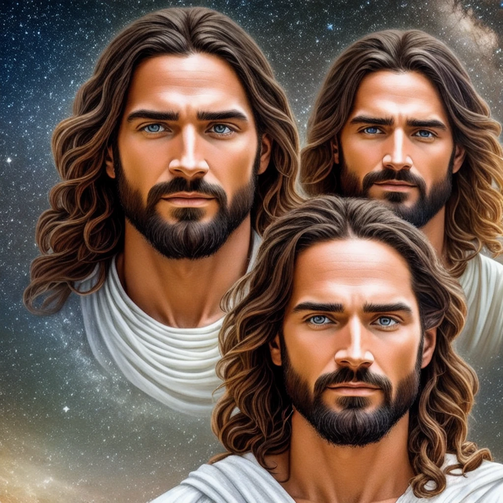 [An extremely ultra-realistic representation of Jesus Christ with both hands extended forward, peaceful expression + white clothes + [realistic textures, with the highest quality lighting.] background clear with stars and planets +[(+ photorealism):1.5, (celestial + peaceful expression + bright aura):1.3, (qualified digital rendering + attention to detail):1.2]