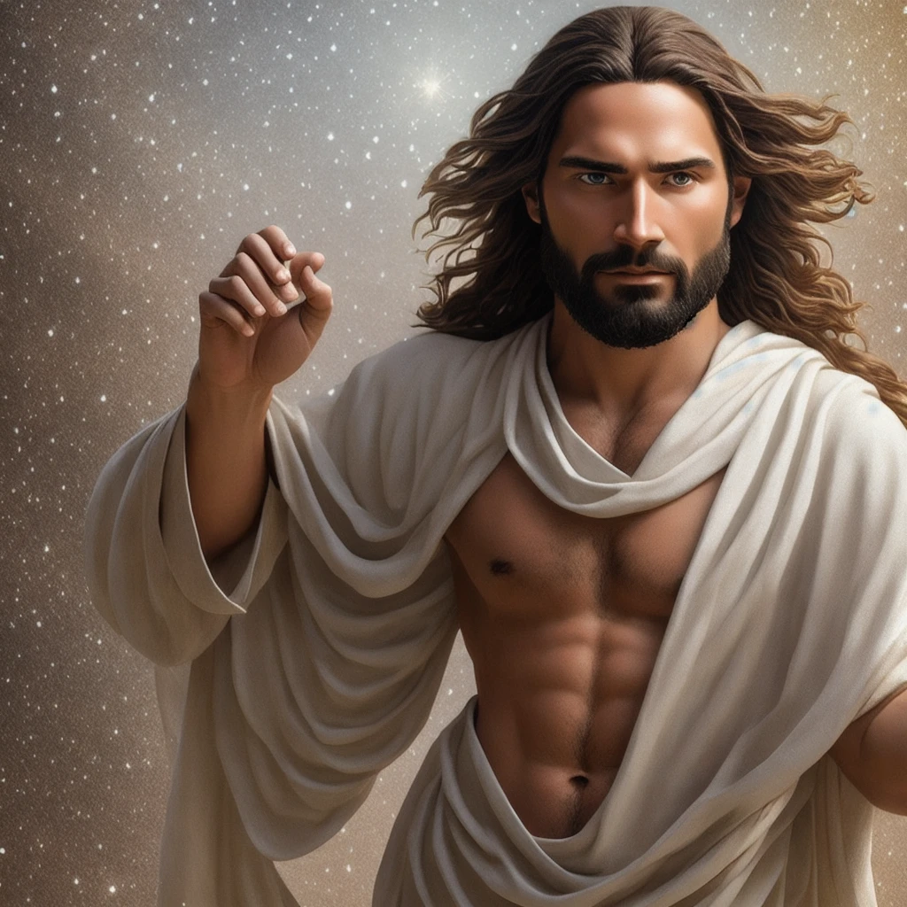 [An extremely ultra-realistic representation of Jesus Christ with both hands extended forward, peaceful expression + white clothes + [realistic textures, with the highest quality lighting.] background clear with stars and planets +[(+ photorealism):1.5, (celestial + peaceful expression + bright aura):1.3, (qualified digital rendering + attention to detail):1.2]