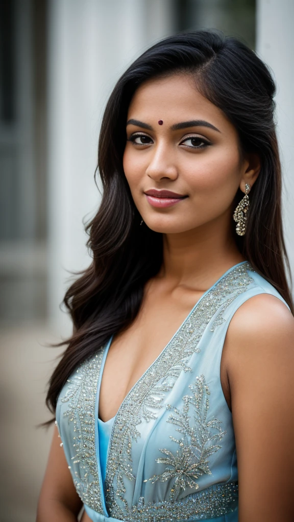 a close up of a woman in a blue dress posing for a picture, closeup portrait shot, stunning elegant pose, stunning closeupheadshot, mid-shot portrait of a beautiful, taken with canon 5d mk4, indian super model, taken with canon eos 5 d mark iv, indian, mid shot portrait, shot with canon eoa 6 d mark ii