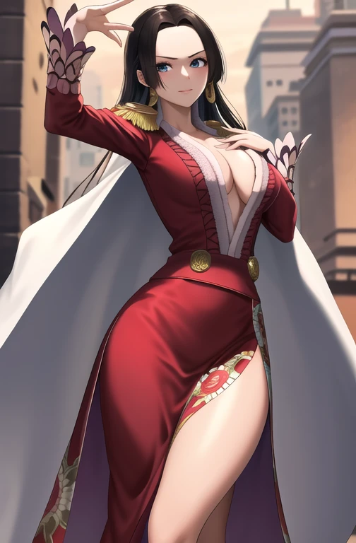 masterpiece, Highest quality, High resolution, Hancock 1, One girl, Boa Hancock, Large , Long Hair, Epaulettes, Cape, Side slits, Cowboy Shot, Are standing, View your viewers, Sexy po Safe at Work, Hands Behind Back, Perfect Fingers,