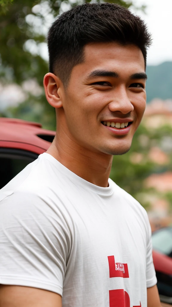 Thai man ,man，He is about 30 years old..，Rough and handsome appearance，large breastsj，Big waistline，buzz cut, angry, sullen, best quality, Masterpiece，（Have muscles：4.5），(best quality,high resolution,Masterpiece:1.2),The eyes are natural and delicate..,1 person,alone,gay asian,muscle,Long legs,brave,short hair details,conjunctivitis ,strong,brown eyes, (outdoor background car :1.5)，in the market，sit (red and white t-shirt:1.3),Jeans ,smile