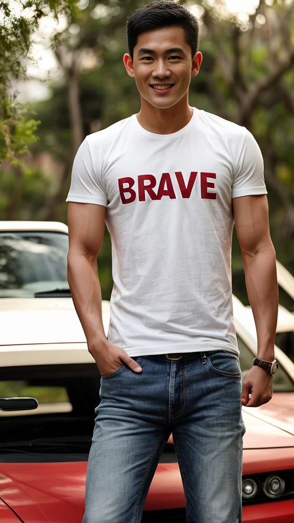 Thai man ,man,He is about 30 years old..,Rough and handsome appearance,large breastsj,Big waistline,buzz cut, angry, sullen, best quality, Masterpiece,(Have muscles:4.5),(best quality,high resolution,Masterpiece:1.2),The eyes are natural and delicate..,1 person,alone,gay asian,muscle,Long legs,brave,short hair details,conjunctivitis ,strong,brown eyes, (outdoor background car :1.5),in the market,sit (red and white t-shirt:1.3),Jeans ,smile