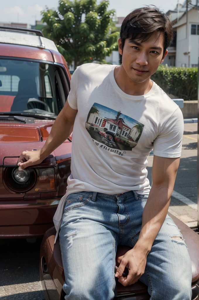 หนุ่มเกาหลีสุดหล่อทำให้เขาหล่อมากยิ่งขึ้นThai man ,man,He is about 30 years old..,Rough and handsome appearance,large breastsj,Big waistline,buzz cut, angry, sullen, best quality, Masterpiece,(Have muscles:4.5),(best quality,high resolution,Masterpiece:1.2),The eyes are natural and delicate..,1 person,alone,gay asian,muscle,Long legs,brave,short hair details,conjunctivitis ,strong,brown eyes, (outdoor background car :1.5),in the market,sit (red and white t-shirt:1.3),Jeans ,smile