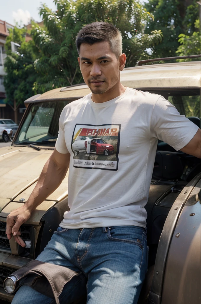 Thai man ,man,He is about 30 years old..,Rough and handsome appearance,large breastsj,Big waistline,buzz cut, angry, sullen, best quality, Masterpiece,(Have muscles:4.5),(best quality,high resolution,Masterpiece:1.2),The eyes are natural and delicate..,1 person,alone,gay asian,muscle,Long legs,brave,short hair details,conjunctivitis ,strong,brown eyes, (outdoor background car :1.5),in the market,sit (red and white t-shirt:1.3),Jeans ,smile