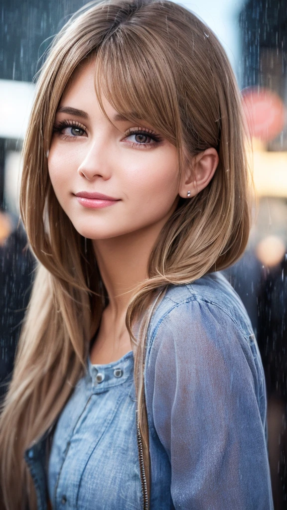 Smiling girl standing in the middle of a crowded street in the pouring rain, detailed face, beautiful eyes and lips, super detailed pupils, realistic skin, wet hair, wet clothes, dress that sticks to the skin, raindrops , city buildings, atmospheric lighting, cinematic, 8K, highly detailed, photorealistic, vibrant colors, Shibuya Crossing