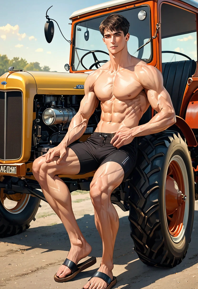 1 super hot and sexy fullbody man driving a ford old  ford truck  and smiling on a rural pathway 
Art style of  leng jun and norman rockwell 

Specifications, 
Material,  ultra realistic oil painting
Lighting, storbe lighting, golden hour
Composition,  rule ot thirds composition, 
Details,  ultra intricate detailed
Colors, intense dark color palette
Angle view,  fullbody, ((view from front))


Age and race, a young man, latino, 
His face is thin face, straight nose, thin lips, square chin, large black eyes, short black, wavy hair, in roberto ferri style
His body is , cinnmon skinaesthetic slim athletic body, very tall, latino, realistic skin, gorgeous, realistic detailed tonned muscles, barefoot, perfect anatomy, muscled fitness body, 195cm tall, realistic skin, skinny realistic detailed muscles, 
He is wearing fllip flop sandals, shirtless, pantless, 

He is doing the action of  repairing the farm tractor , highlight the muscle definition perfect detailed feet, relaxed body lenguaje, relaxed face expresion. 

In the background, mecanics workshop, tools, tires, 

Complements, hyper detailed scene, hd, 8k resolution, FULLBODY, 16k resolution, hd, 