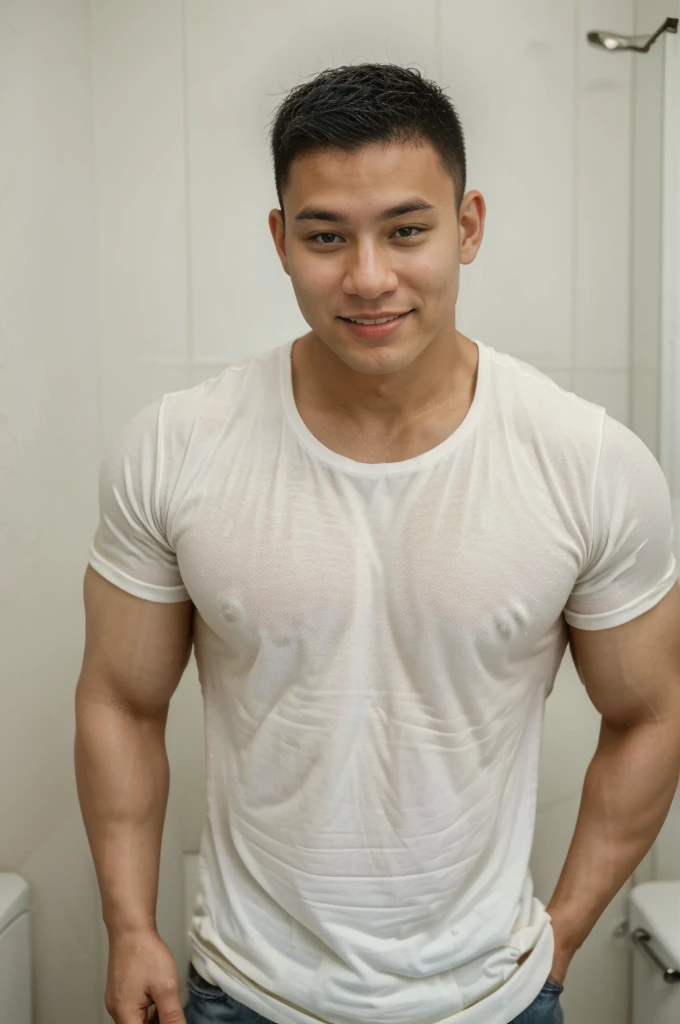 ((Highest quality, 8K, Masterpiece: 1.3))、Thailand Laos Burma Asia, Thai man, A handsome Asian rugby player with short hair, a muscular beard, and big muscles., 1A man who has、 yo、Good appearance、Beautiful nose、smile、 Detailed eyes and face、beautiful light、(studio)、high resolution、(Look at the viewer.)、Fine mouth、smile、whole body: 1.5, perfect shape: 1.3, Picture of both shoulders:1.3, Red and white round neck t-shirt:1.5 , bathroom