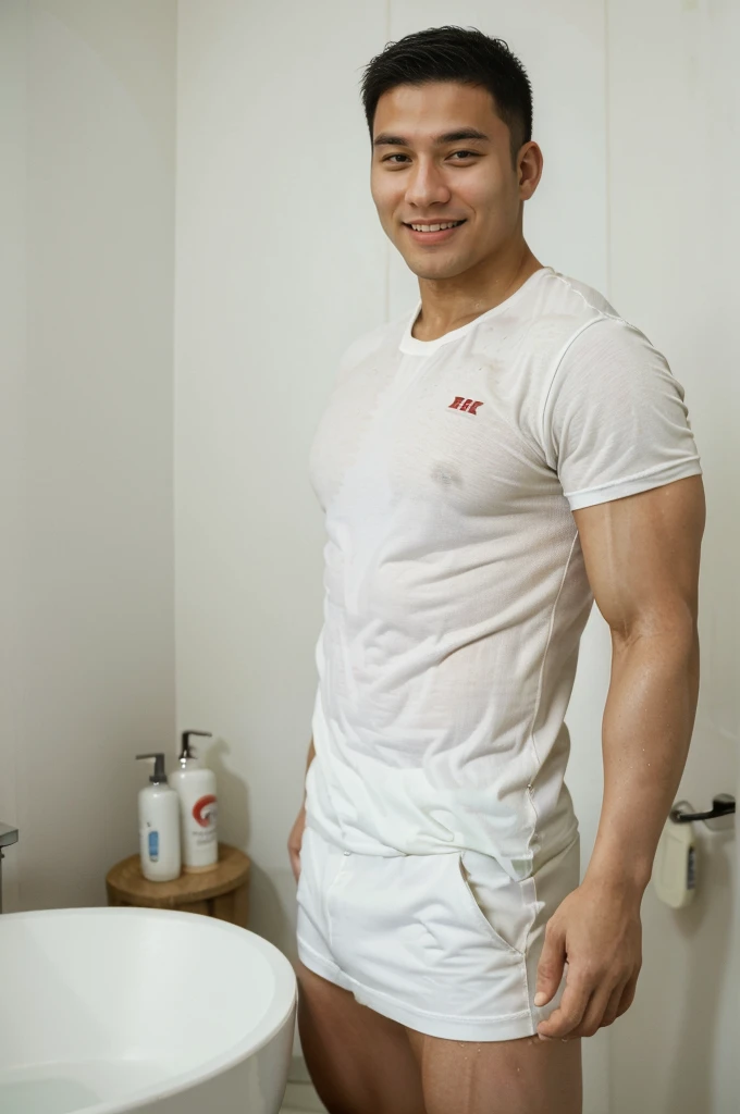 ((Highest quality, 8K, Masterpiece: 1.3))、Thailand Laos Burma Asia, Thai man, A handsome Asian rugby player with short hair, a muscular beard, and big muscles., 1A man who has、 yo、Good appearance、Beautiful nose、smile、 Detailed eyes and face、beautiful light、(studio)、high resolution、(Look at the viewer.)、Fine mouth、smile、whole body: 1.5, perfect shape: 1.3, Picture of both shoulders:1.3, Red and white round neck t-shirt:1.5 , bathroom
