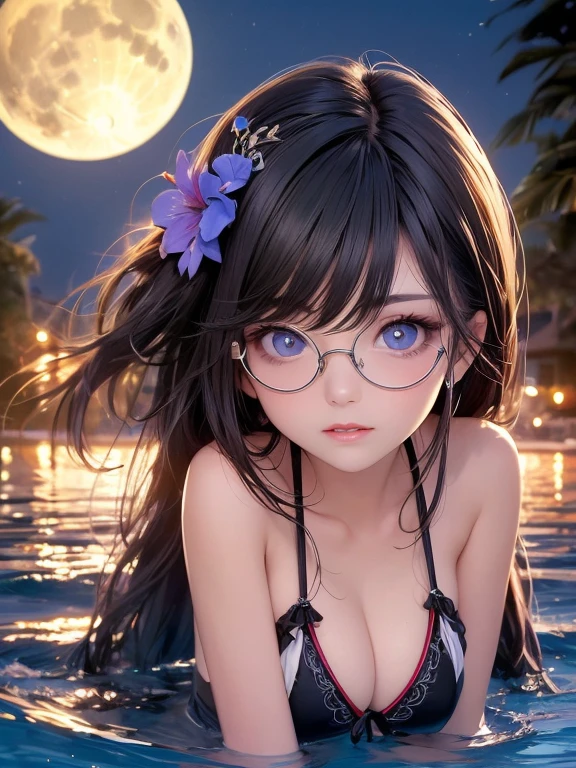 Highest quality,Highest Resolution,sexy,Swimwear,Vibrant colors,Very beautiful eyes,Big Breasts,In the water,no gravity,night,full moon,night星,Glasses,Black Hair