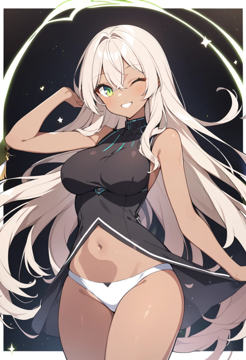 1girl, solo, dark skin,breasts,thighs,dark-skinned female, one eye closed, green eyes, long hair, smile