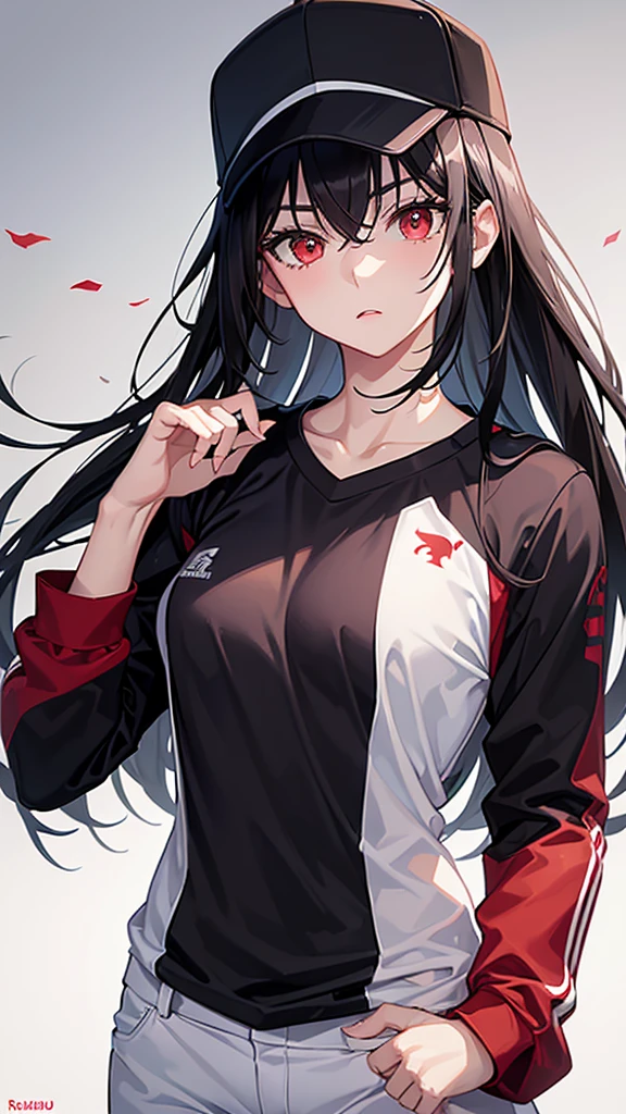 ( Absurd , high quality , Super detailed, Watch your hands )Long black hair,Red eyes,Small breasts,Small breasts,Baseball uniform,Black baseball cap,Long sleeve,White trousers,One ,Primary school students,Baseball Ground,Serious face,Running