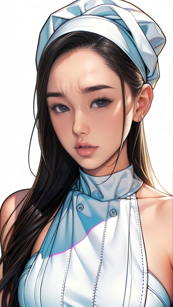 White background, a girl who is a chef, masterpiece,extremely beautiful woman,Excellent sense,(((perfect very white background))),American Comics,(((The Perfect One Woman))),(((one person))),colorful,Highly detailed perfect upper body,highly detailed face,near future,SF,