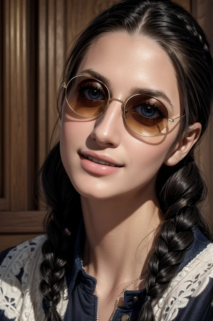 masterpiece, best quality, extremely detailed, hyperrealistic:1.1, photorealistic, a beautiful 20s russian model, ultra detailed face:1.1, braid, black hair, navy long sleeve shirt, sunglasses on head:1.1, library, smiling, touching hair:1.1
