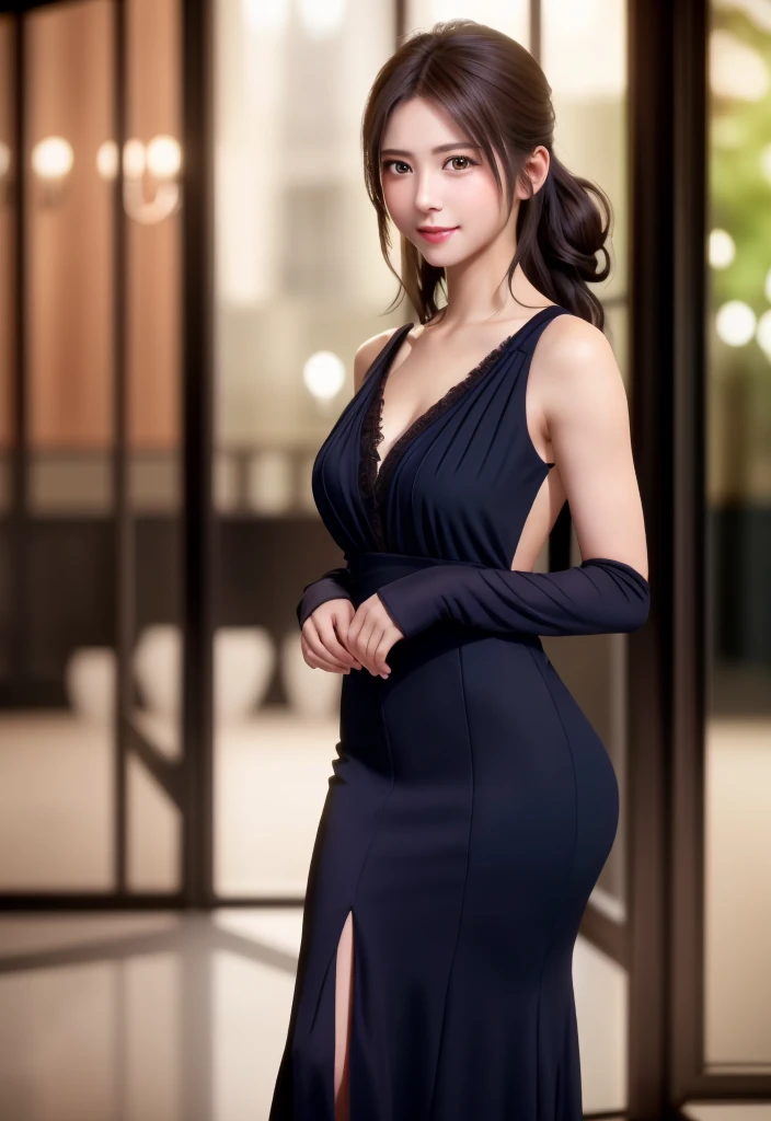 8K, of the highest quality, masutepiece:1.2), (Realistic, Photorealsitic:1.37), of the highest quality, masutepiece, Beautiful young woman, Pensive expression, Mischievous smile, sexy dress、Hair tied back, Glamorous atmosphere、Cinematic background, Light skin tone