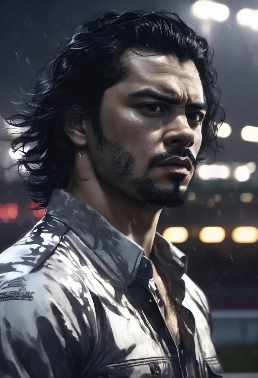 1 man, inside a clandestine race track, wearing a shirt, detailed facial features, beautiful black and masculine, detailed white skin, medium-sized black hair wavy and messy, strong expression, dramatic lighting, cinematic composition, cold color palette and dark colors, atmospheric fog, strong chin, manly man, night, (best quality, 4K, 8K, high resolution, art: 1.2), ultra-detailed, (realistic, photorealistic, photorealistic: 1.37)
