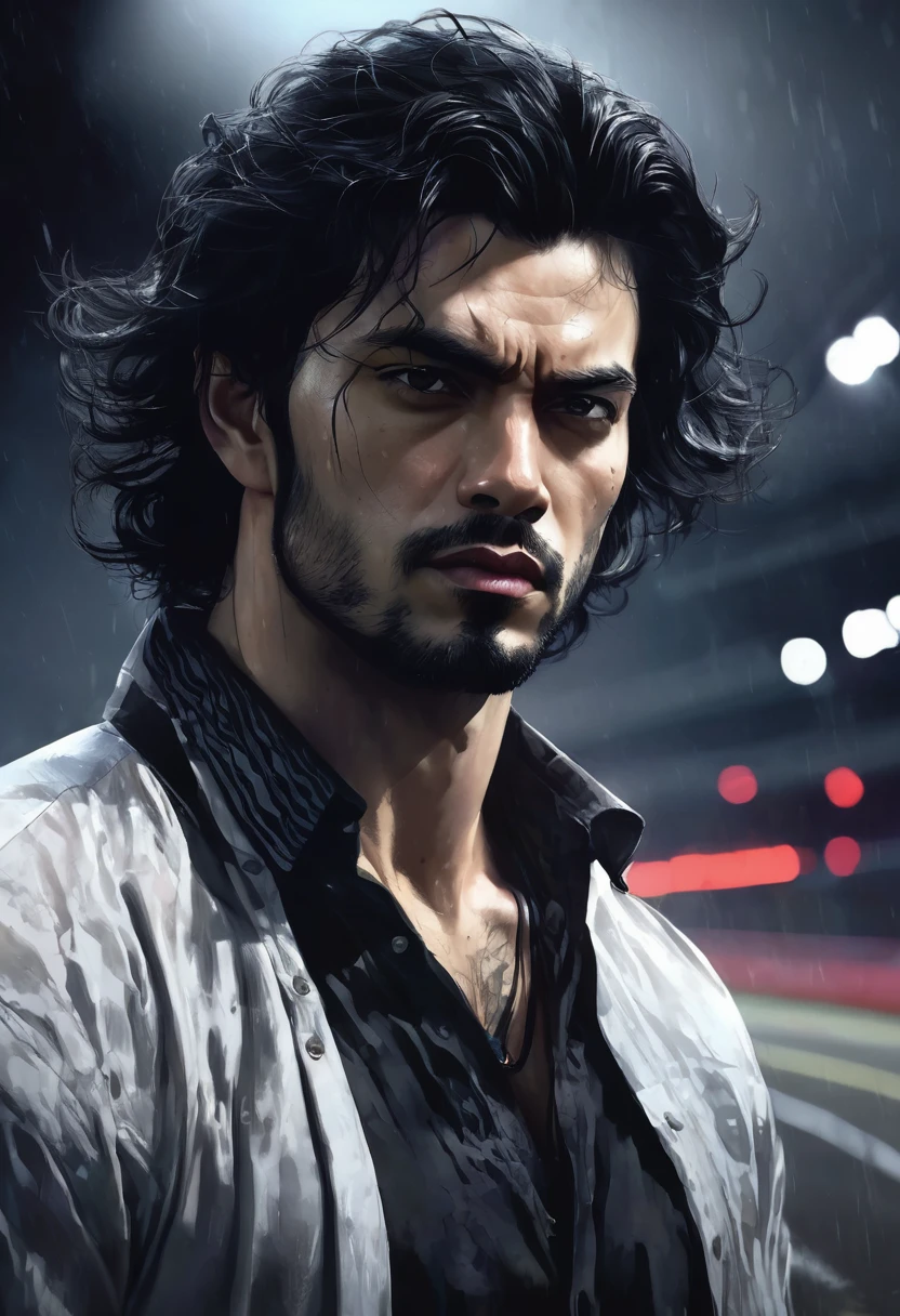 1 man, inside a clandestine race track, wearing a shirt, detailed facial features, beautiful black and masculine, detailed white skin, medium-sized black hair wavy and messy, strong expression, dramatic lighting, cinematic composition, cold color palette and dark colors, atmospheric fog, strong chin, manly man, night, (best quality, 4K, 8K, high resolution, art: 1.2), ultra-detailed, (realistic, photorealistic, photorealistic: 1.37)