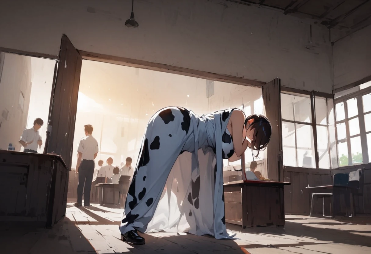 Cow Cosplay、Big Breasts、Cow print clothing、On all fours、Girl、Girl、Short、Younger、Lower school year、Baby Face、Dynamic Angle、masterpiece、best quality、ultra-detail、Summer sunshine、The desks are lined up、There are several classmates behind me.、In heat、window
