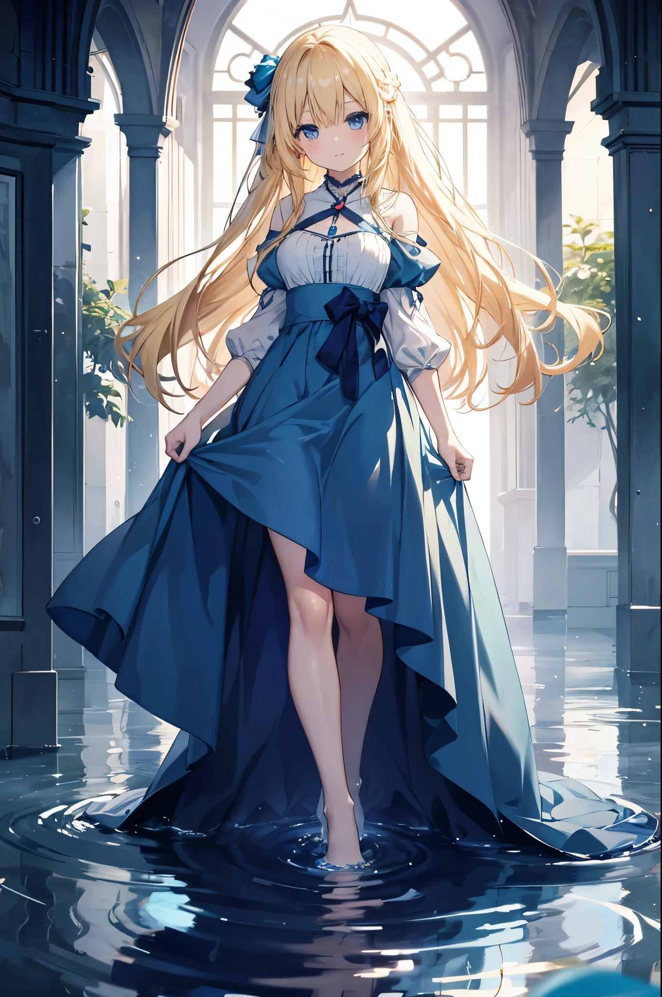 Anime girl with long blonde hair and a blue dress standing in water,(Best image quality), (Master'work),(Detailed description of the eyes),(Detailed facial depiction)(Rear View), 1 Girl, Yellow Eyes, (Very long hair),Very long hair (Drifting in the Wind), Rear View, Looking Back, hair ornaments, flower hair ornaments. head band, ribbon, , white lingerie, lingerie, mini skirt, garter belt, belly button, visible belly button, visible shoulders, blush, Pool, petal (Lens flare), walking on Pool, Water reflection, Pool, Cleavage, Medium Chest, Aurora Sky, Night Sky, Galaxy Sky, horizon, Mountain, forest, moon, (Cover Style:1.3), fashionable, woman, Vibrant, Swimsuit Costumes, Strike a Pose, front, colorful, dynamic, background, element, shy, performance, Holding, statement, accessories, Majestic, Coiled, Around it, touch, scene, to attract attention, Catchy, Modern, tendency, concentrate, fashion, Realistic lighting, extreme blushing