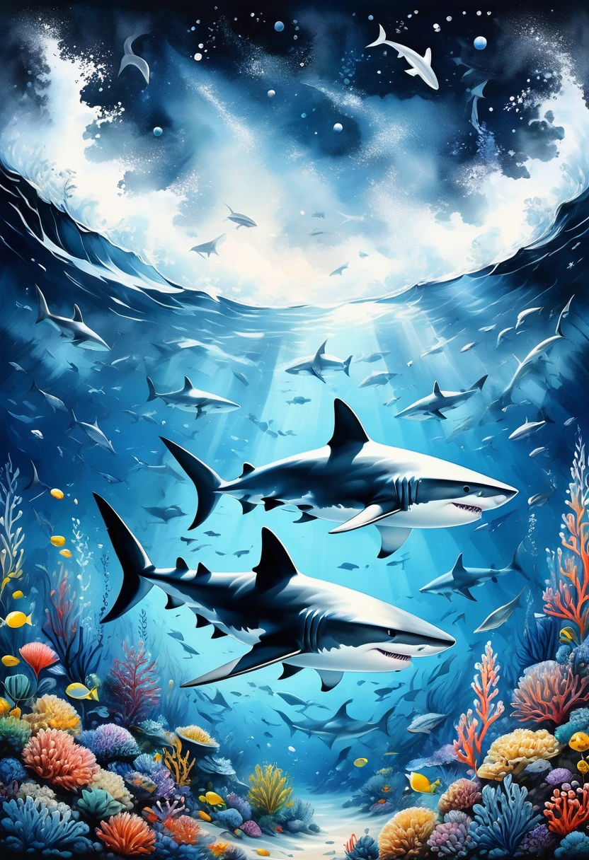 Black and white minimalism,Undersea landscape,Lots of sharks,detailed pattern,Lovely,charming,masterpiece,detailed,Rendering,Oil paints,watercolor,general brushStrokes,Stroke,masterpiece,最高masterpiece,Beautiful starry sky