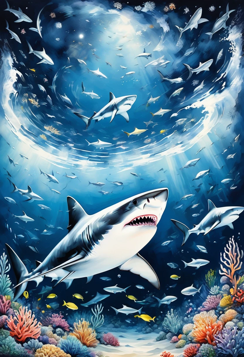 Black and white minimalism,Undersea landscape,Lots of sharks,detailed pattern,Lovely,charming,masterpiece,detailed,Rendering,Oil paints,watercolor,general brushStrokes,Stroke,masterpiece,最高masterpiece,Beautiful starry sky