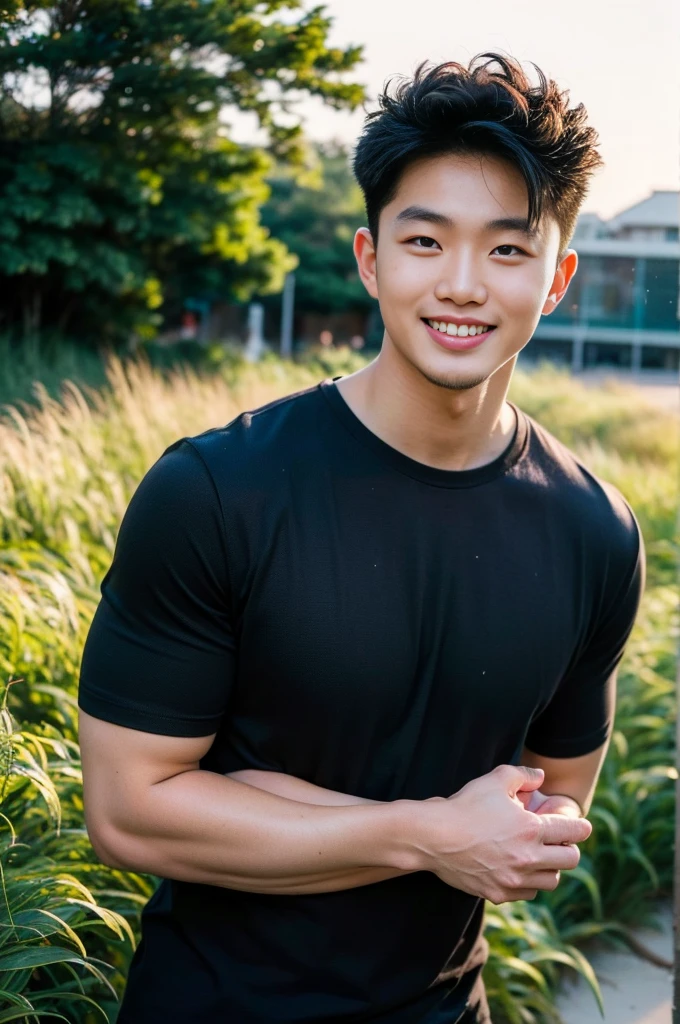 Young Korean man in a white t-shirt and jeans, A handsome, muscular young Asian man looks at the camera in(Plain black t-shirt:1.3)and red , Fieldside, grass, beach, sunlight, Carrying a camera, smiling