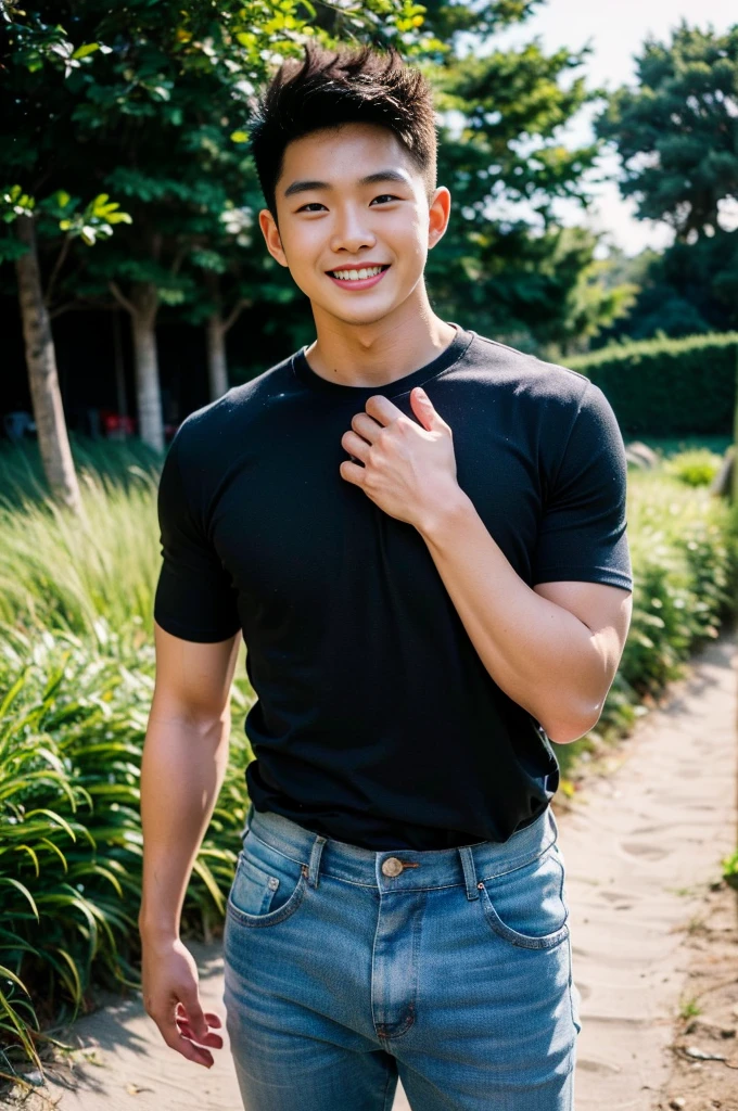 Young Korean man in a white t-shirt and jeans, A handsome, muscular young Asian man looks at the camera in(Plain black t-shirt:1.3)and red , Fieldside, grass, beach, sunlight, Carrying a camera, smiling