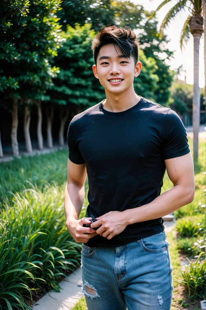 Young Korean man in a white t-shirt and jeans, A handsome, muscular young Asian man looks at the camera in(Plain black t-shirt:1.3)and red , Fieldside, grass, beach, sunlight, Carrying a camera, smiling