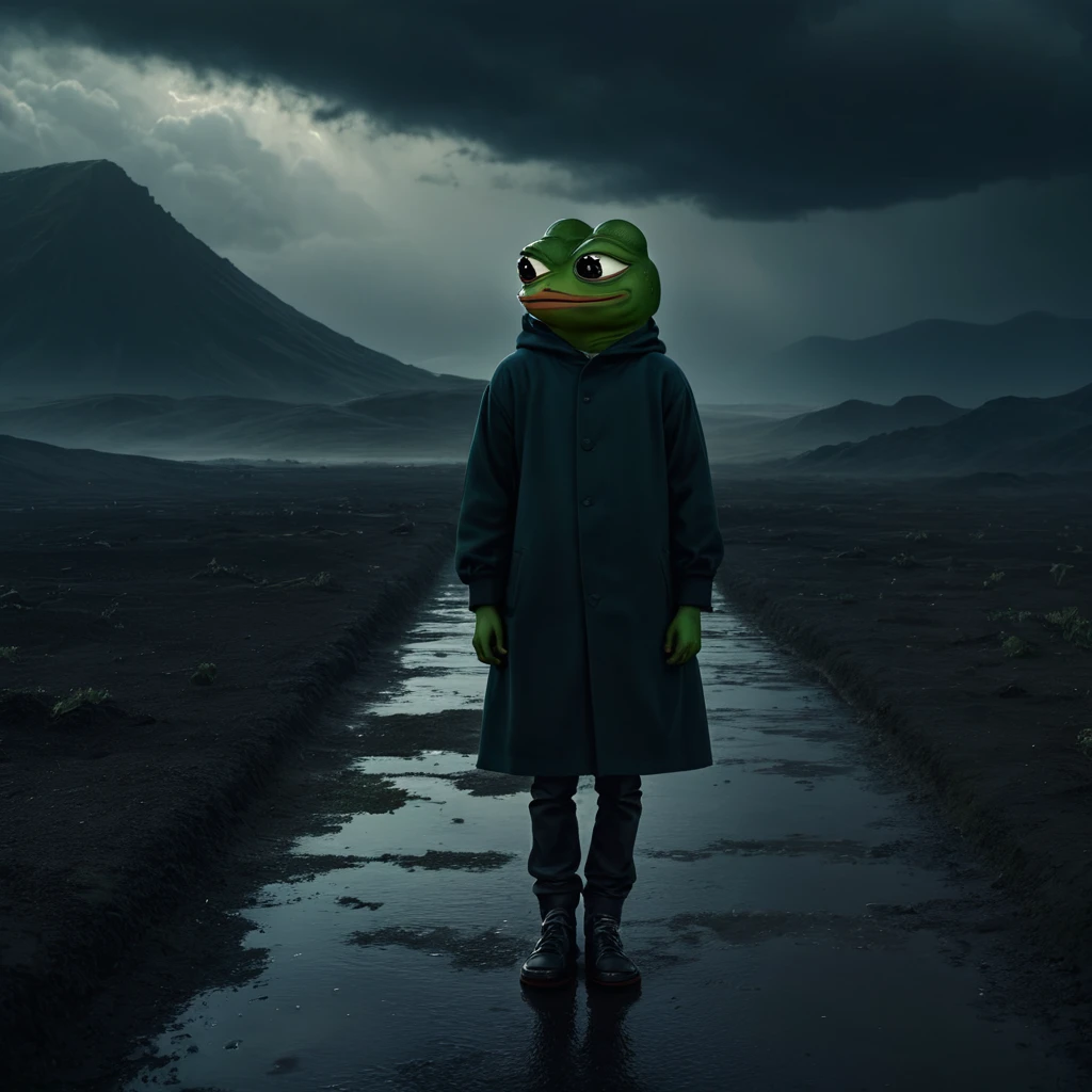 Pepe the frog A dark and desolate landscape, a lone boy standing amidst the gloom, (1 boy), dark and moody atmosphere, grim and ominous, brooding clouds, eerie lighting, muted colors, (((pepepals_frog))), highly detailed, cinematic, photorealistic, masterpiece, 8k, hyper-realistic